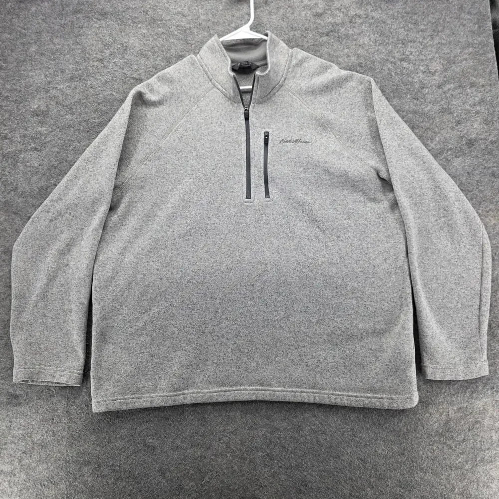 Eddie Bauer Sweater Mens 2XL Gray Quarter Zip Fleece Pullover Raglan Embroidered